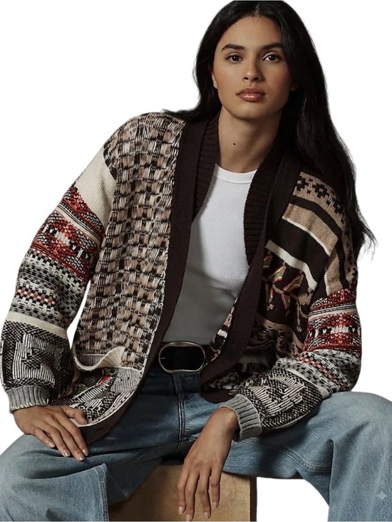 Pilcro Sweaters - Pilcro Brown Patchwork Multi-Pattern Cardigan Slouchy Oversized - XS